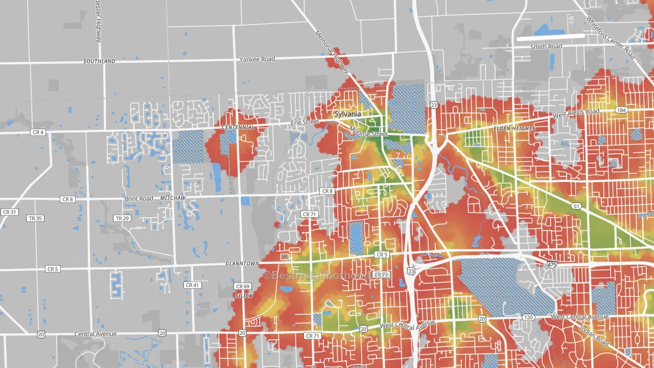 Walk Grade map of Sylvania, OH, walkable areas in green and car-dependent areas in red
