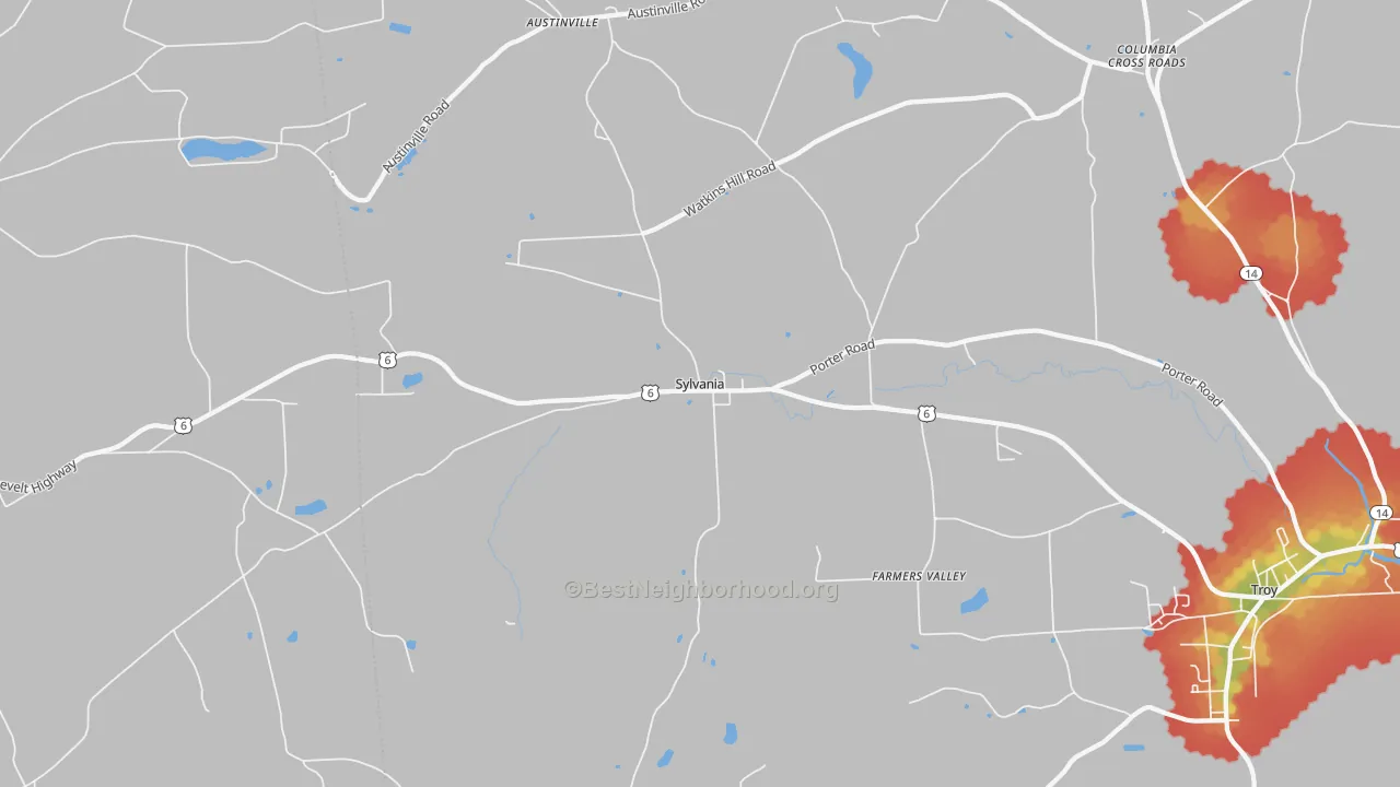 Walk Grade map of Sylvania, PA, walkable areas in green and car-dependent areas in red