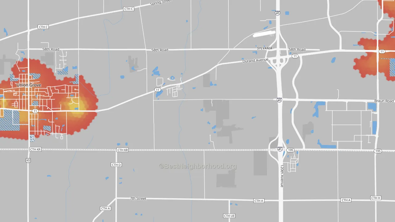 Walk Grade map of Sylvania, WI, walkable areas in green and car-dependent areas in red