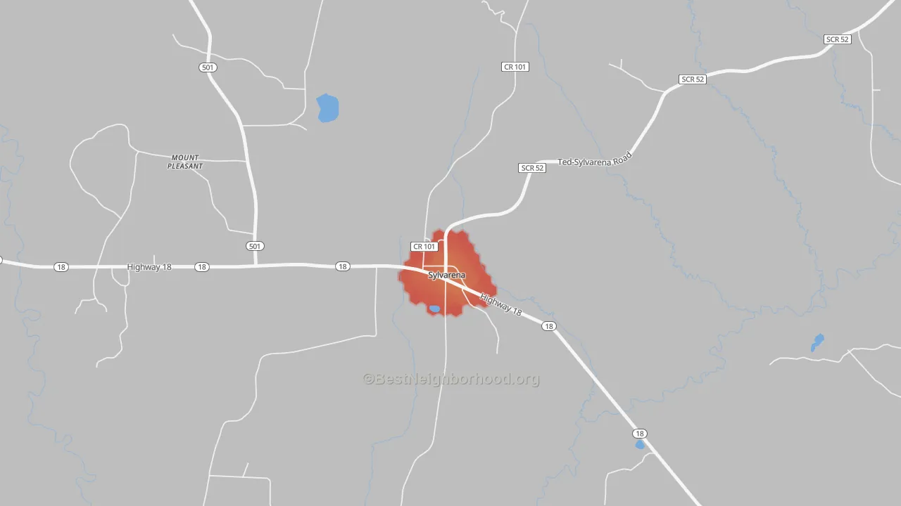 Walk Grade map of Sylvarena, MS, walkable areas in green and car-dependent areas in red