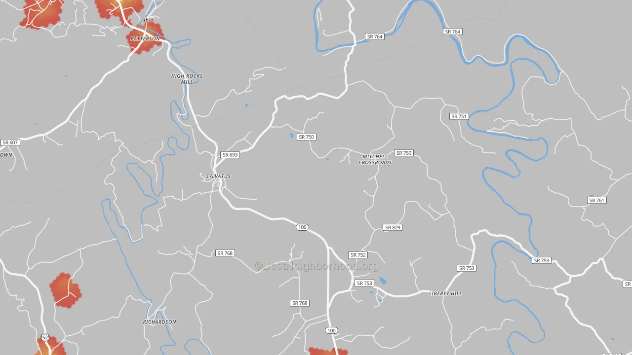 Walk Grade map of Sylvatus, VA, walkable areas in green and car-dependent areas in red