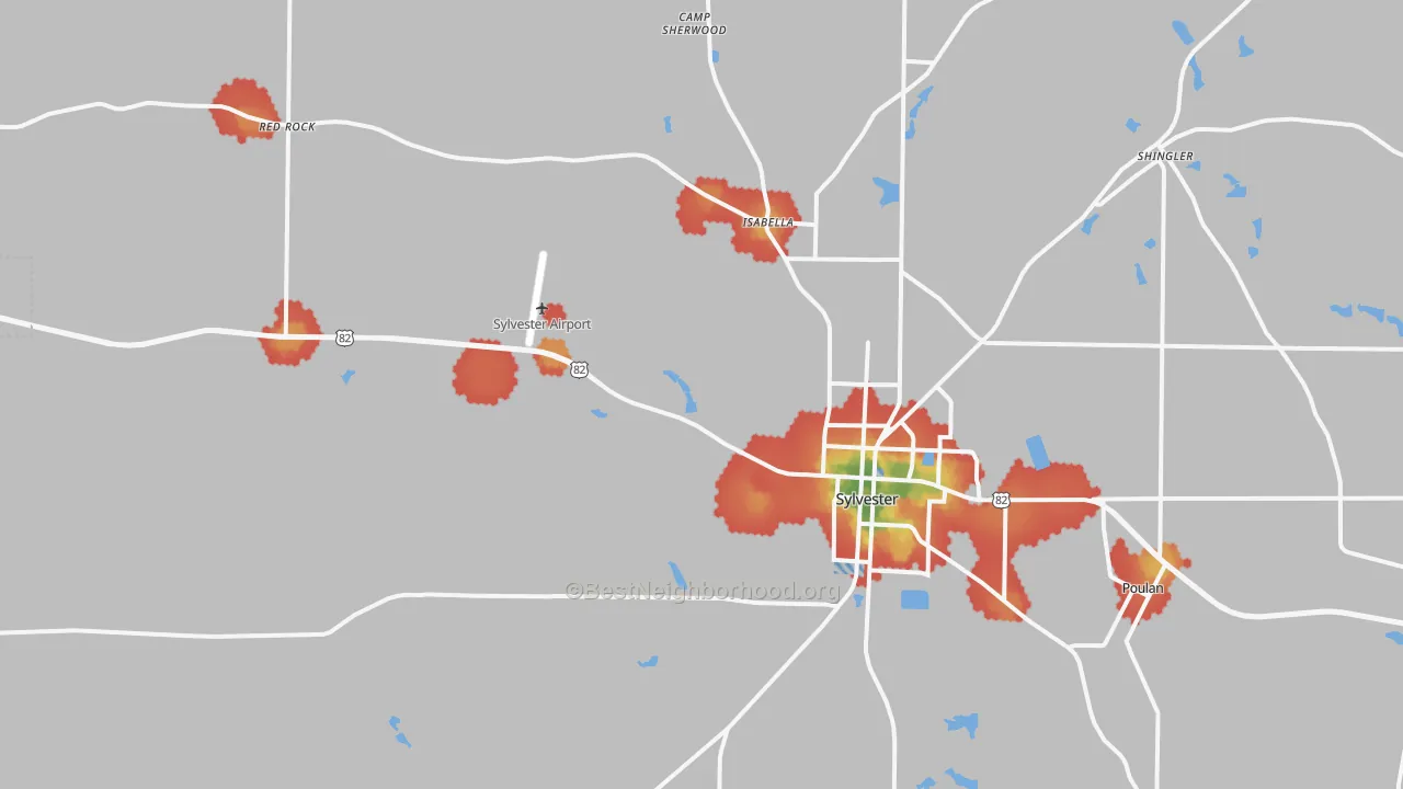 Walk Grade map of Sylvester, GA, walkable areas in green and car-dependent areas in red