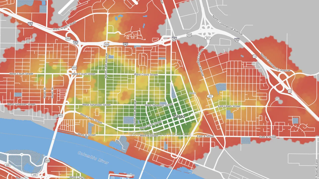 Walk Grade map of Sylvester Park, Pasco, WA, walkable areas in green and car-dependent areas in red