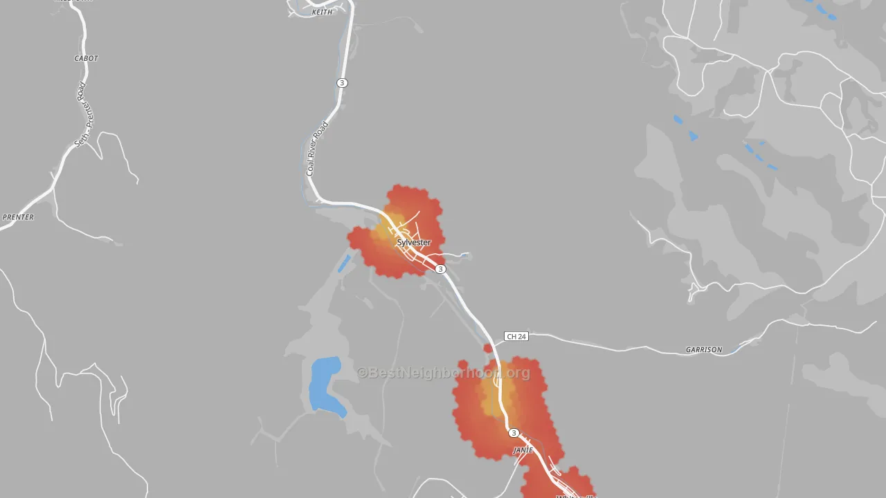 Walk Grade map of Sylvester, WV, walkable areas in green and car-dependent areas in red