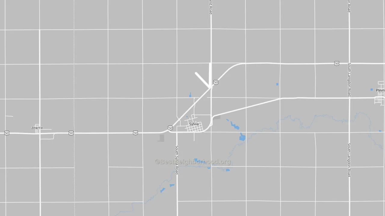 Walk Grade map of Sylvia, KS, walkable areas in green and car-dependent areas in red