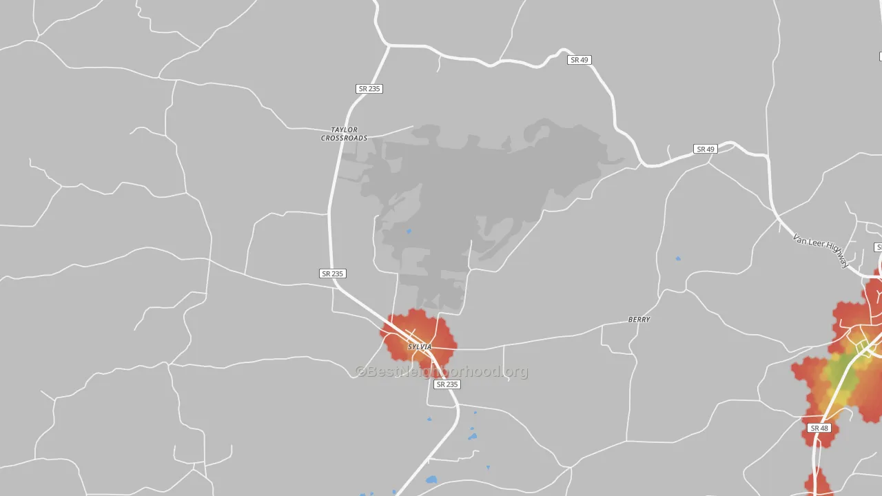 Walk Grade map of Sylvia, TN, walkable areas in green and car-dependent areas in red