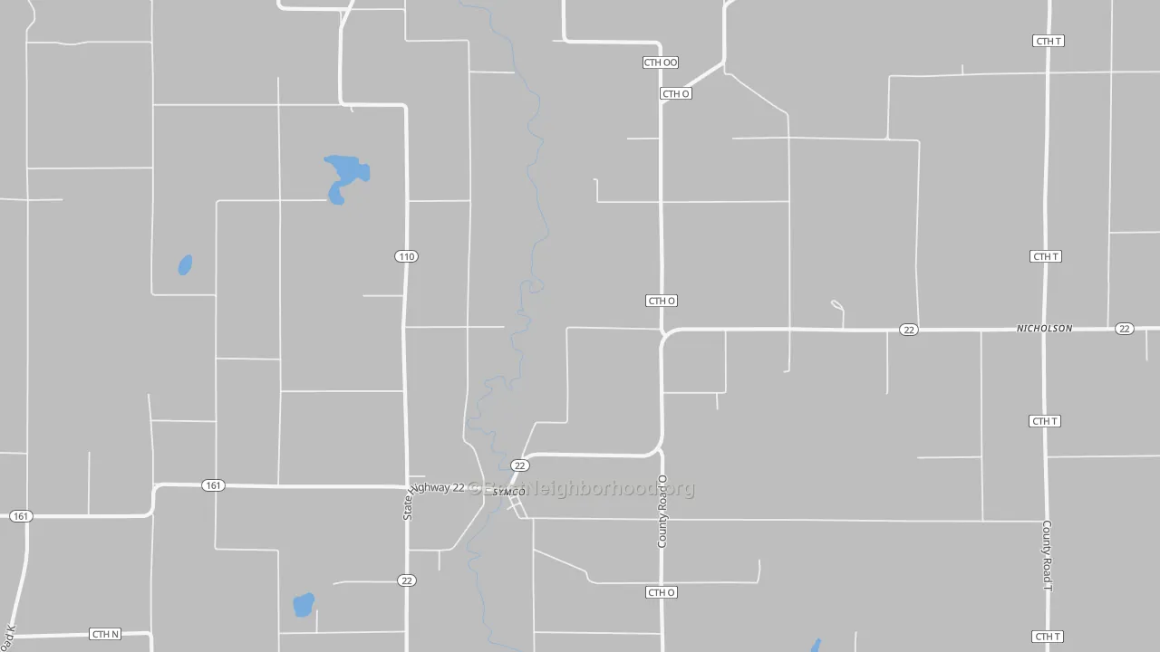 Walk Grade map of Symco, WI, walkable areas in green and car-dependent areas in red