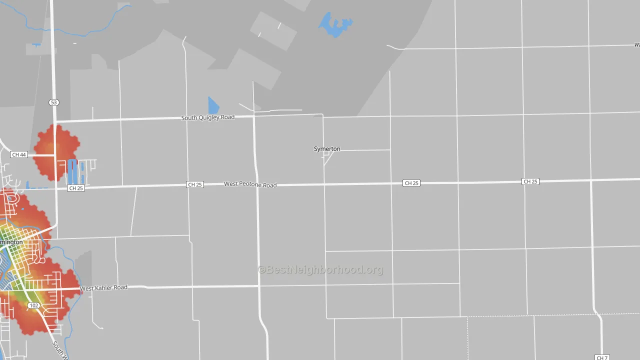 Walk Grade map of Symerton, IL, walkable areas in green and car-dependent areas in red