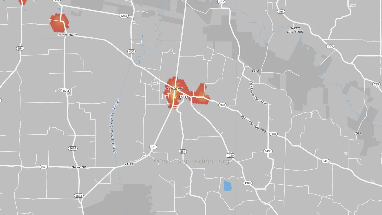 Walk Grade map of Symsonia, KY, walkable areas in green and car-dependent areas in red