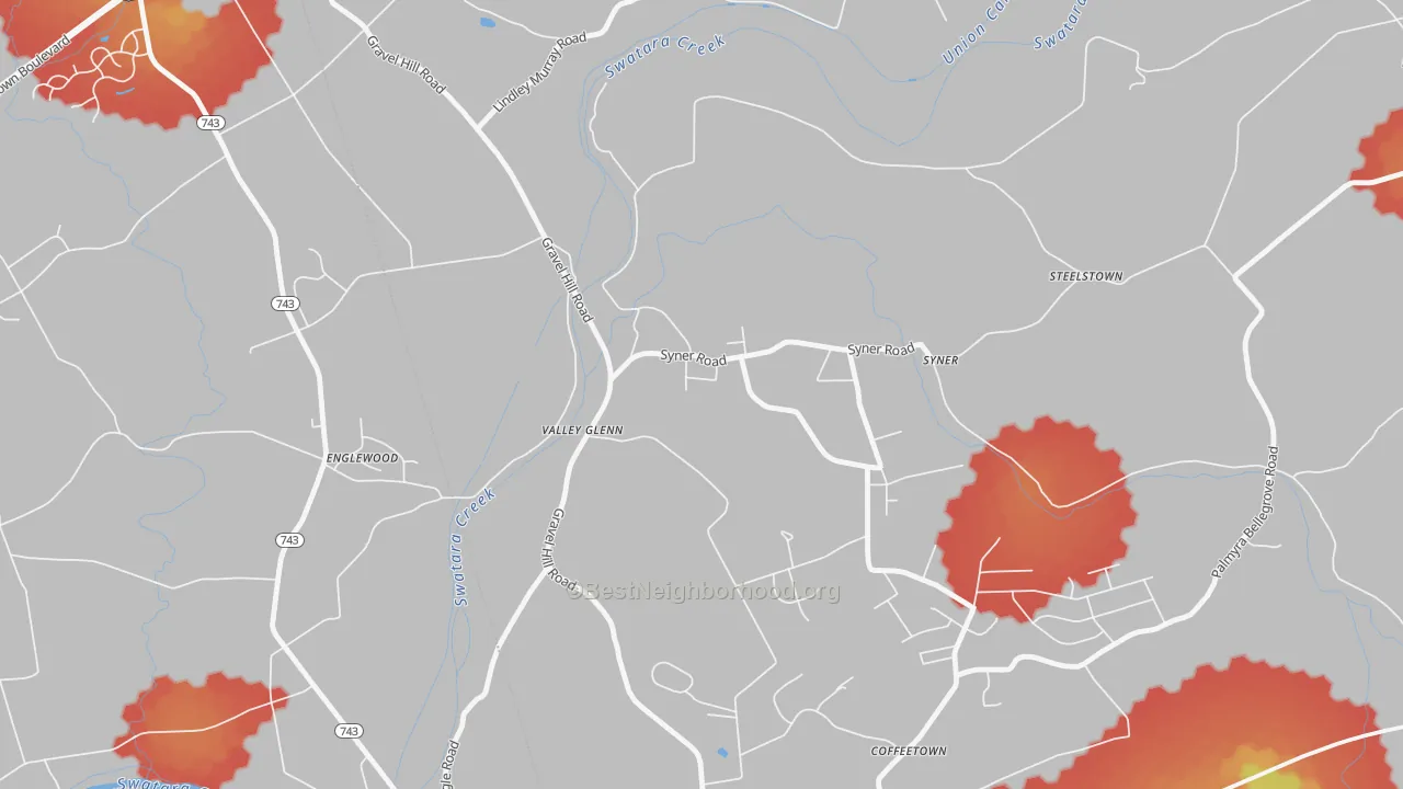 Walk Grade map of Syner, PA, walkable areas in green and car-dependent areas in red