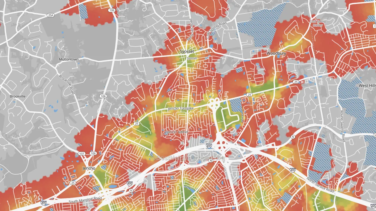 Walk Grade map of Syosset, NY, walkable areas in green and car-dependent areas in red