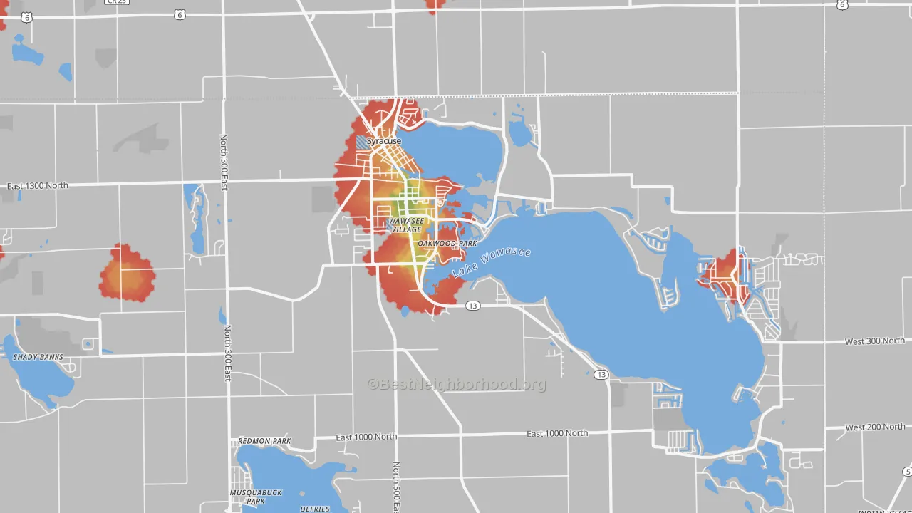 Walk Grade map of Syracuse, IN, walkable areas in green and car-dependent areas in red