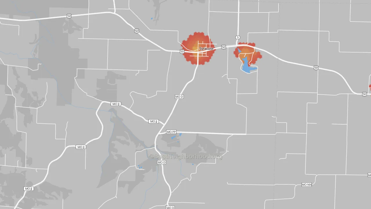 Walk Grade map of Syracuse, MO, walkable areas in green and car-dependent areas in red