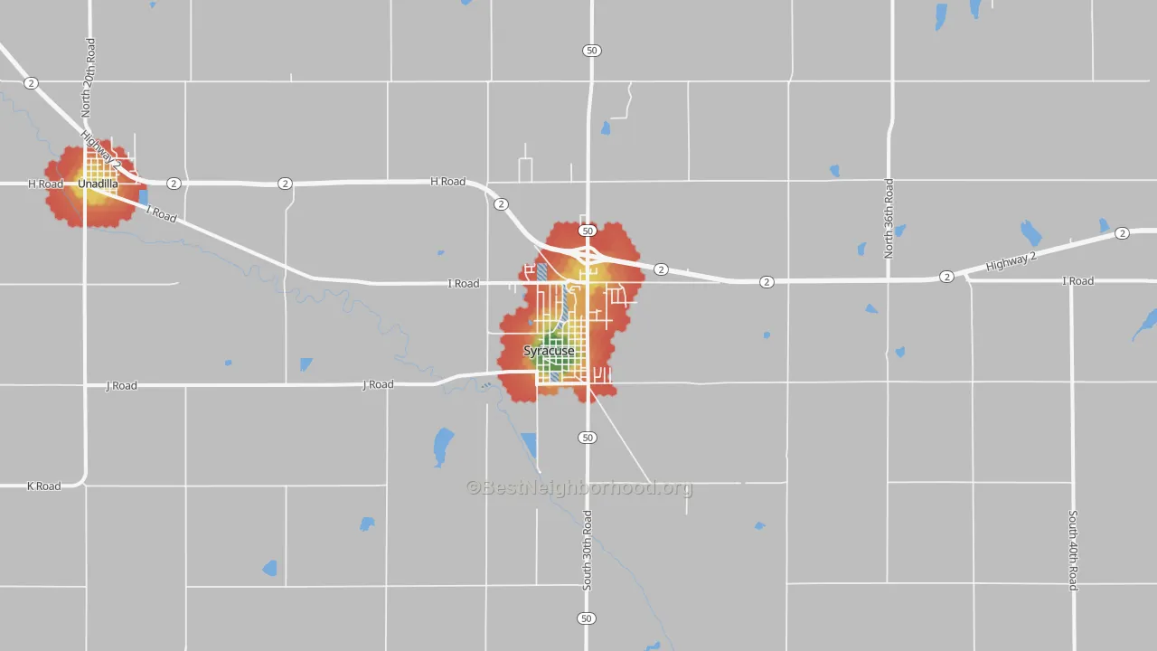 Walk Grade map of Syracuse, NE, walkable areas in green and car-dependent areas in red