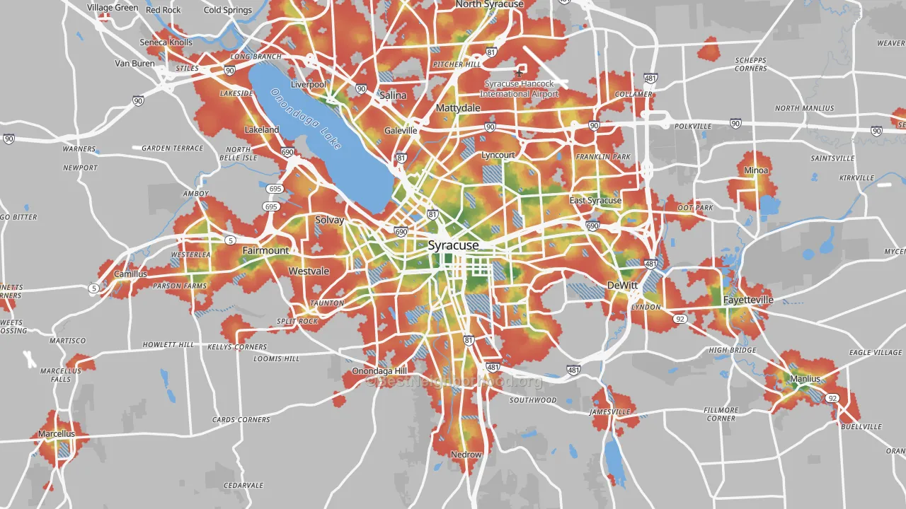 Walk Grade map of Syracuse, NY, walkable areas in green and car-dependent areas in red