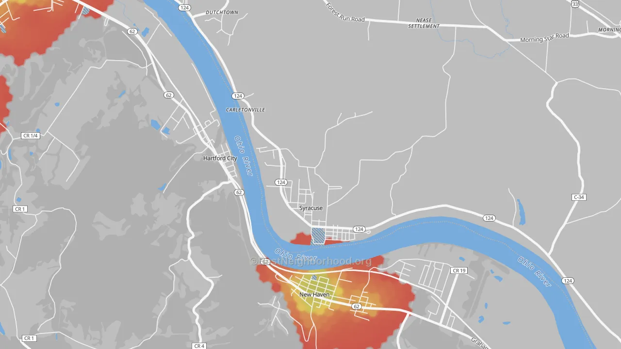 Walk Grade map of Syracuse, OH, walkable areas in green and car-dependent areas in red