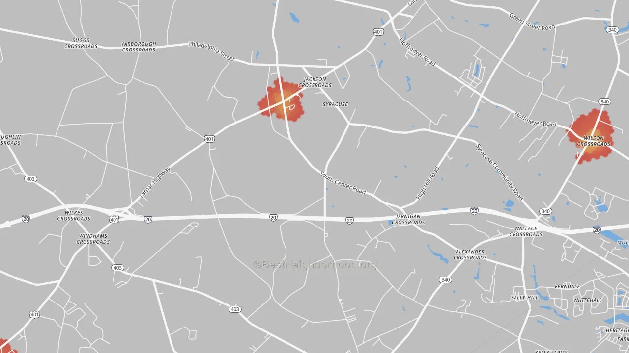 Walk Grade map of Syracuse, SC, walkable areas in green and car-dependent areas in red