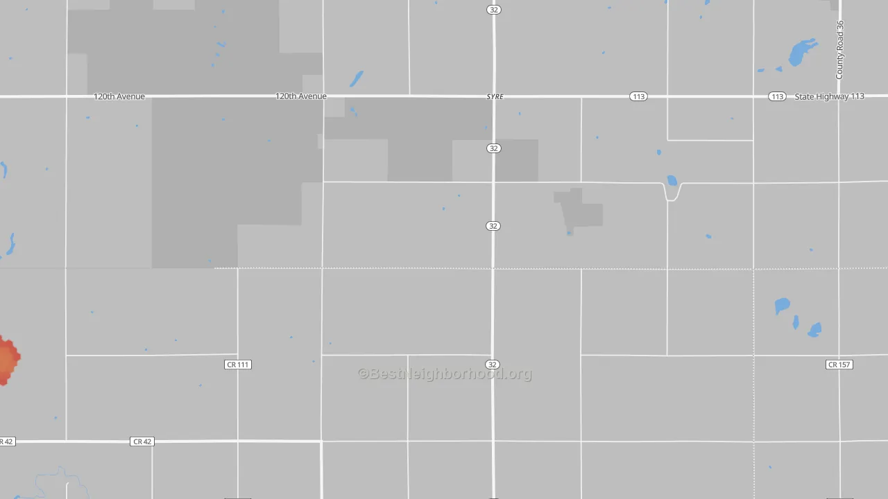 Walk Grade map of Syre, MN, walkable areas in green and car-dependent areas in red
