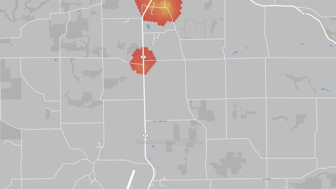 Walk Grade map of Syria, IN, walkable areas in green and car-dependent areas in red