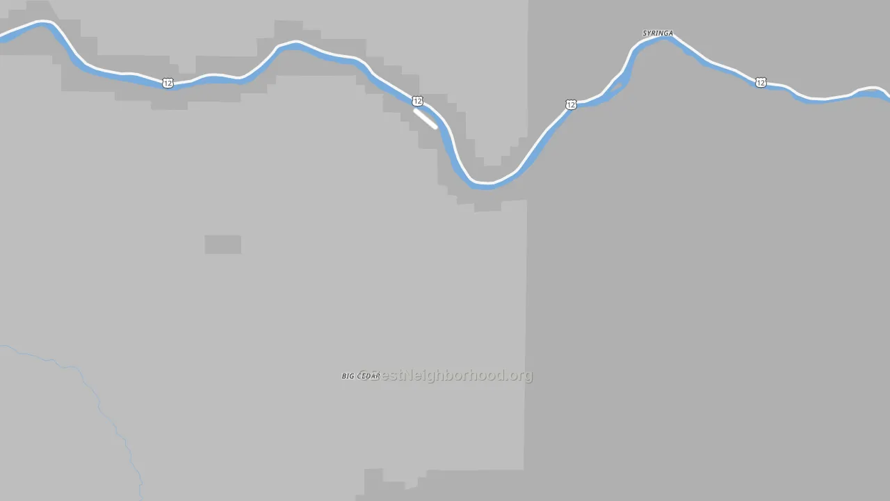 Walk Grade map of Syringa, ID, walkable areas in green and car-dependent areas in red