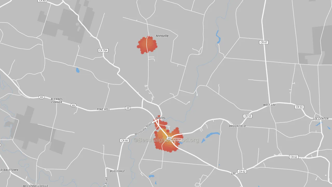 Walk Grade map of Taberg, NY, walkable areas in green and car-dependent areas in red