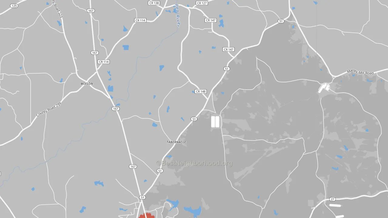 Walk Grade map of Tabernacle, AL, walkable areas in green and car-dependent areas in red