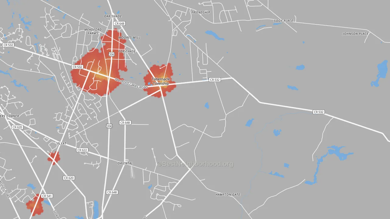 Walk Grade map of Tabernacle, NJ, walkable areas in green and car-dependent areas in red