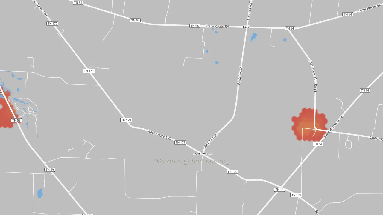 Walk Grade map of Tabernacle, TN, walkable areas in green and car-dependent areas in red