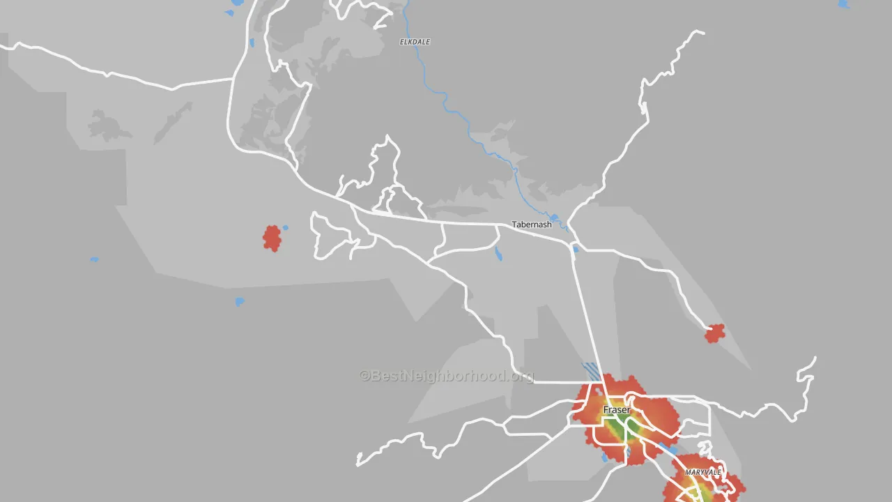 Walk Grade map of Tabernash, CO, walkable areas in green and car-dependent areas in red