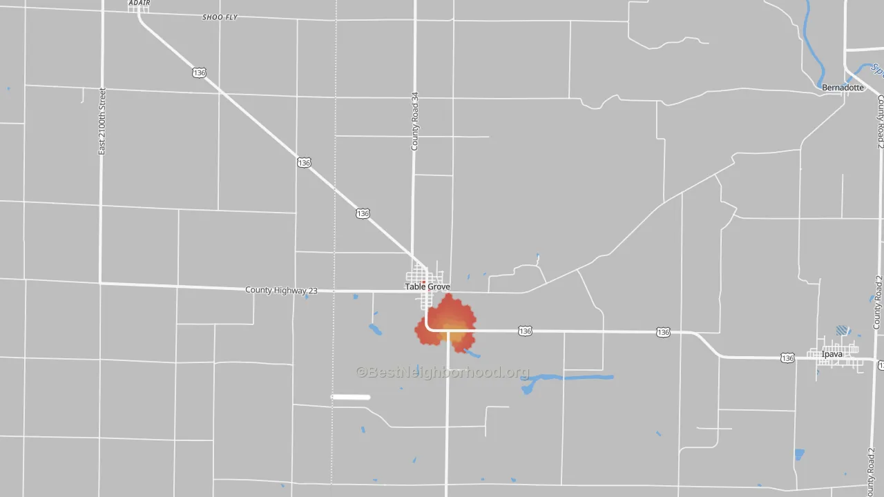 Walk Grade map of Table Grove, IL, walkable areas in green and car-dependent areas in red