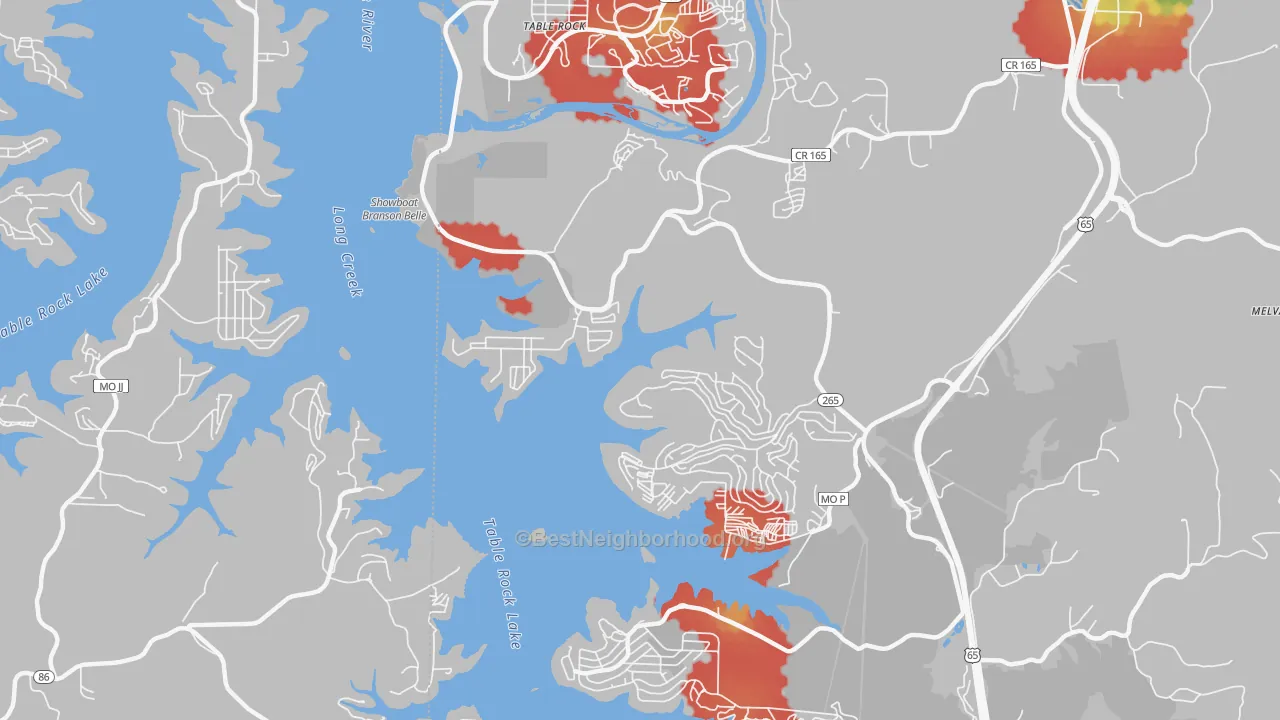 Walk Grade map of Table Rock, MO, walkable areas in green and car-dependent areas in red