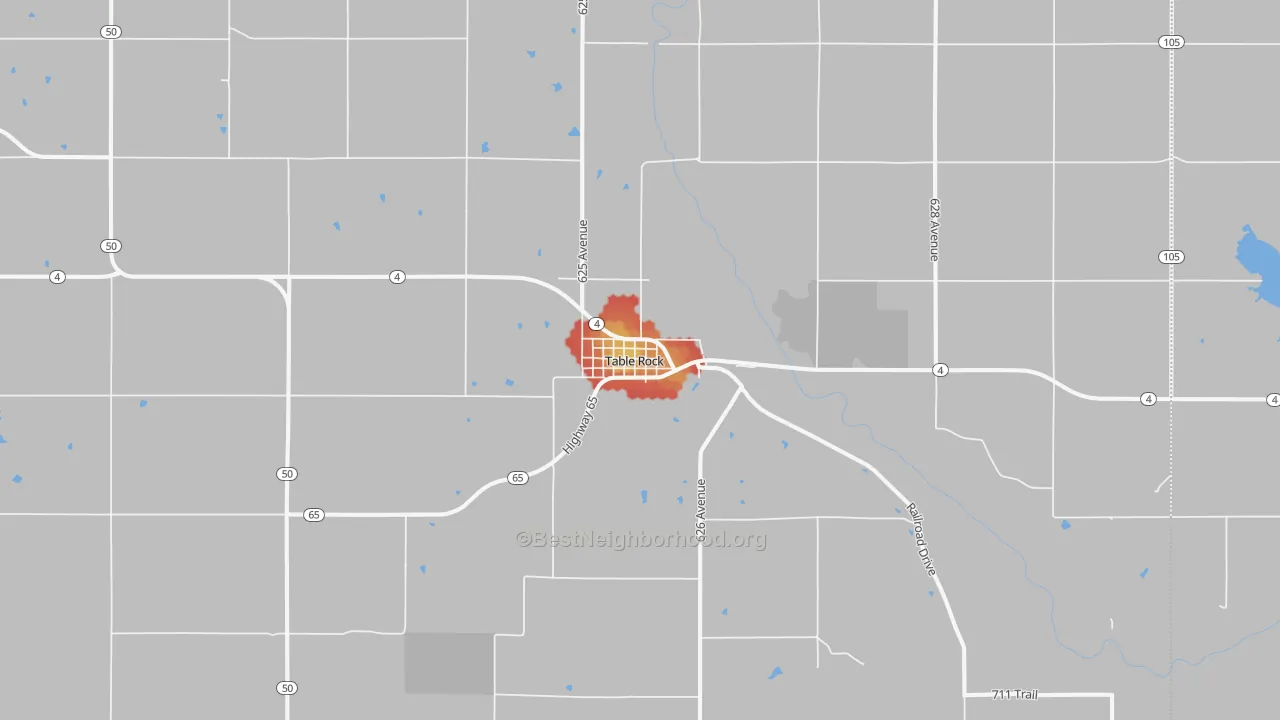 Walk Grade map of Table Rock, NE, walkable areas in green and car-dependent areas in red