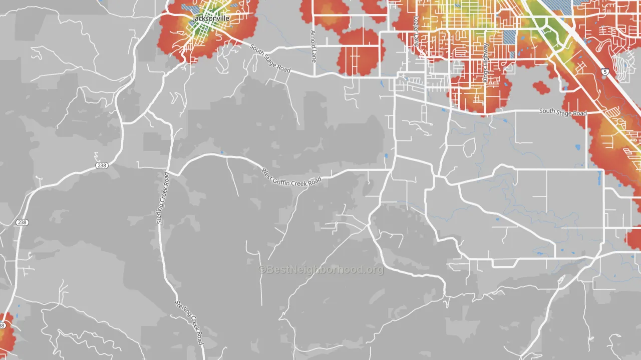 Walk Grade map of Table Rock, OR, walkable areas in green and car-dependent areas in red