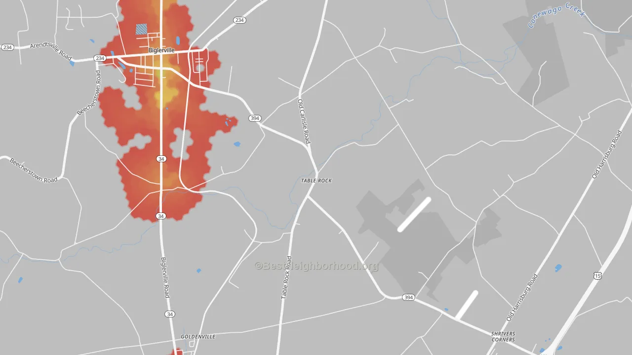 Walk Grade map of Table Rock, PA, walkable areas in green and car-dependent areas in red