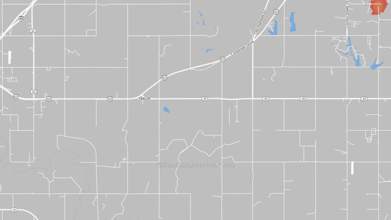 Walk Grade map of Tabler, OK, walkable areas in green and car-dependent areas in red