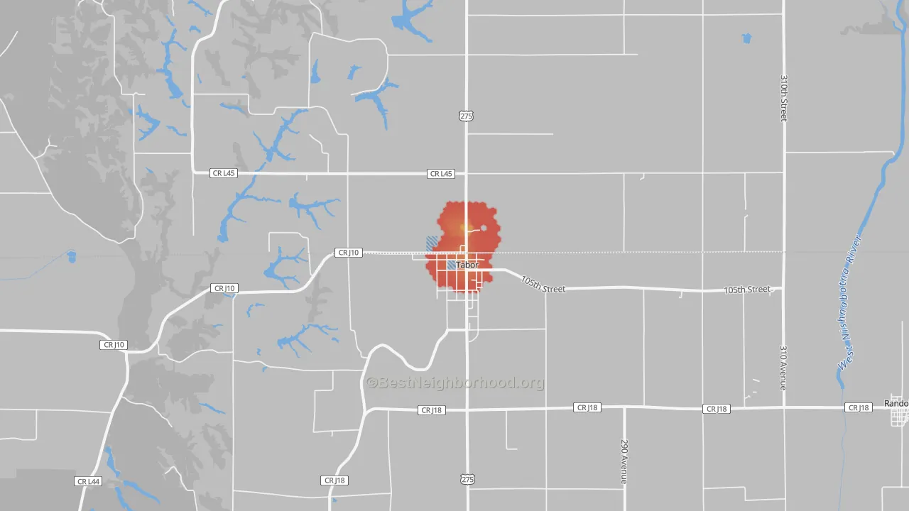 Walk Grade map of Tabor, IA, walkable areas in green and car-dependent areas in red