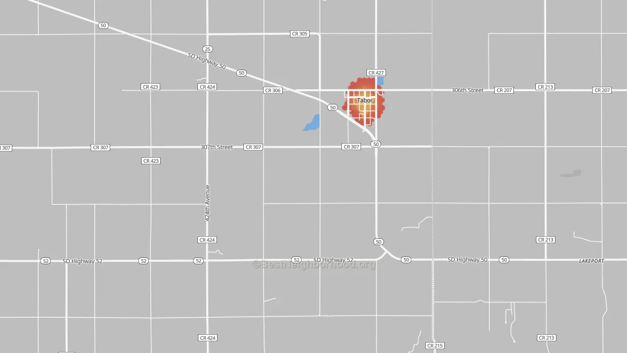 Walk Grade map of Tabor, SD, walkable areas in green and car-dependent areas in red