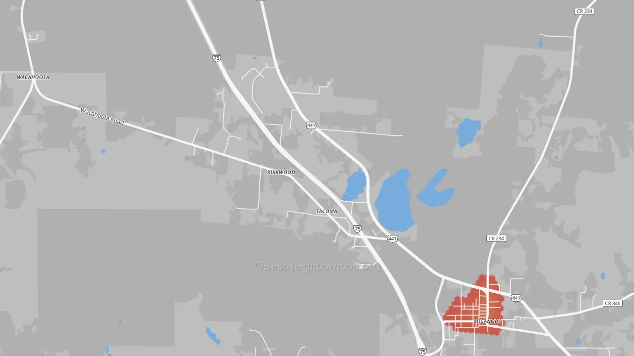 Walk Grade map of Tacoma, FL, walkable areas in green and car-dependent areas in red