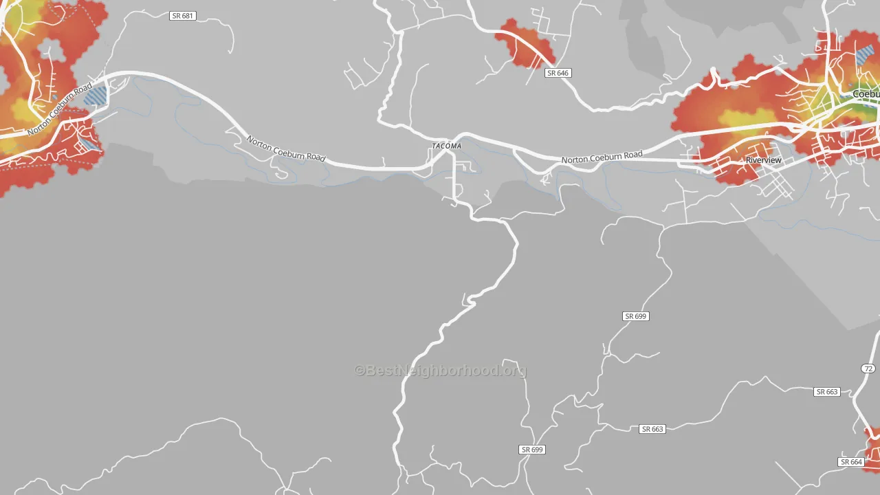 Walk Grade map of Tacoma, VA, walkable areas in green and car-dependent areas in red