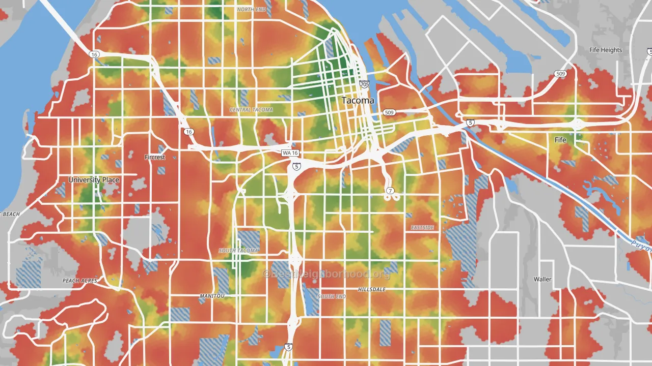 Walk Grade map of Tacoma, WA, walkable areas in green and car-dependent areas in red