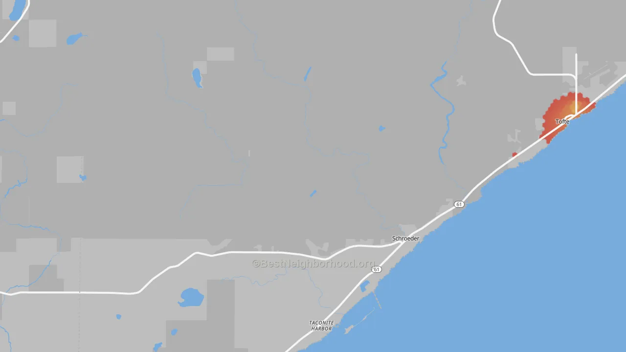 Walk Grade map of Taconite Harbor, MN, walkable areas in green and car-dependent areas in red