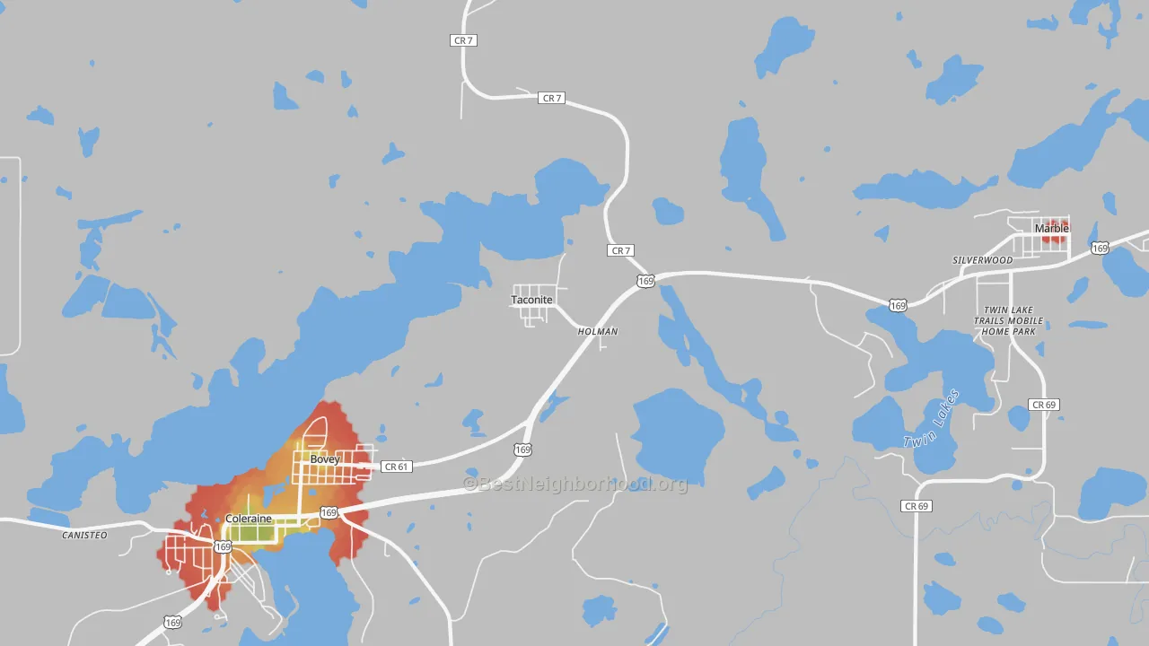 Walk Grade map of Taconite, MN, walkable areas in green and car-dependent areas in red