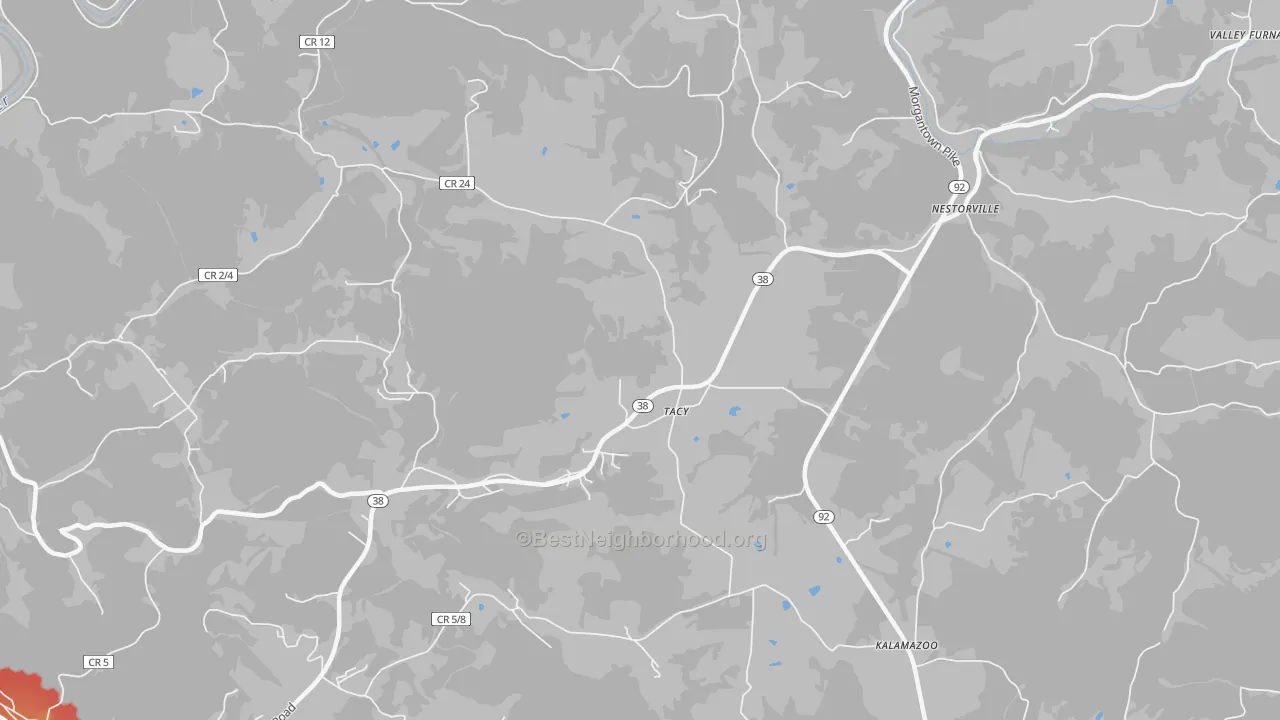 Walk Grade map of Tacy, WV, walkable areas in green and car-dependent areas in red