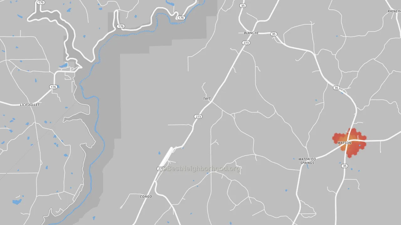 Walk Grade map of Taff, AL, walkable areas in green and car-dependent areas in red