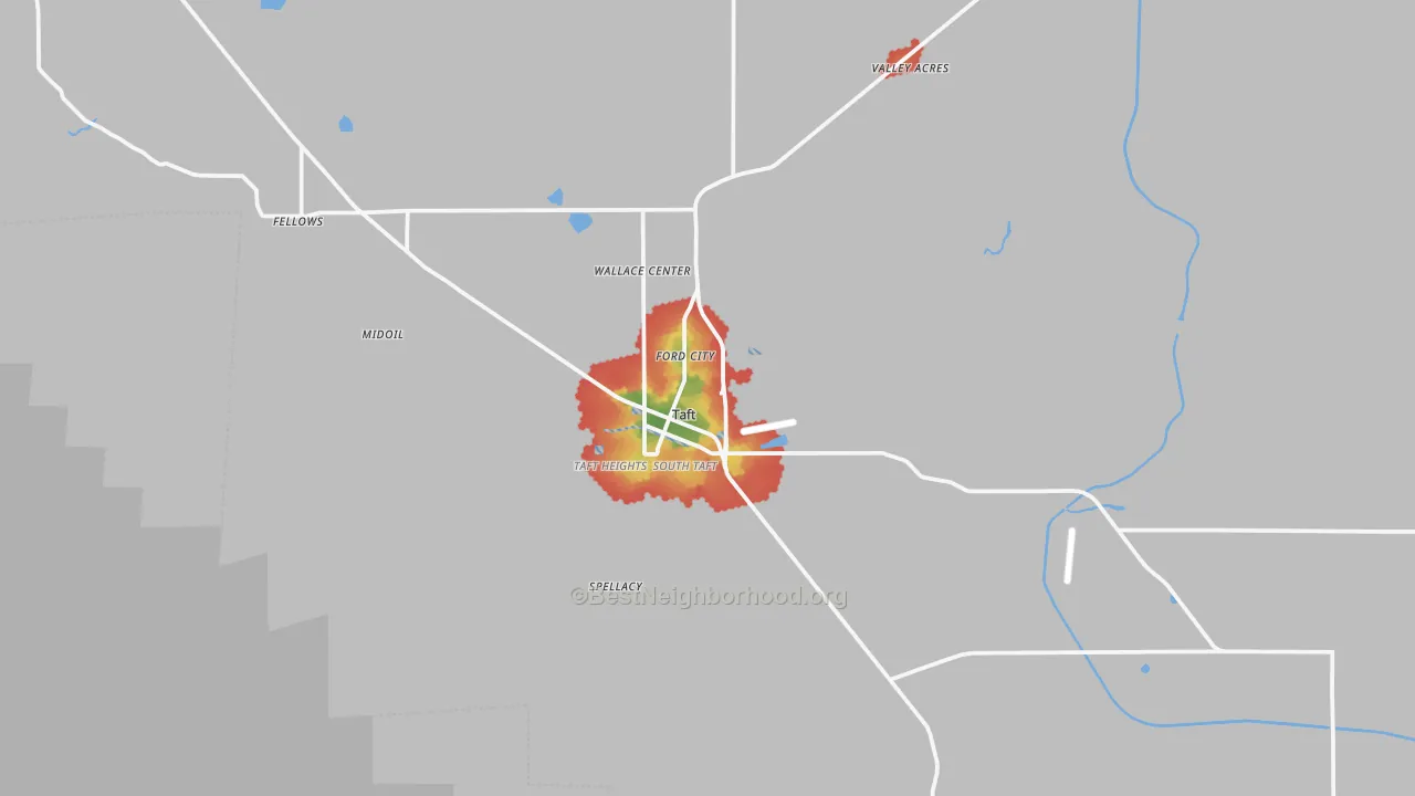 Walk Grade map of Taft, CA, walkable areas in green and car-dependent areas in red