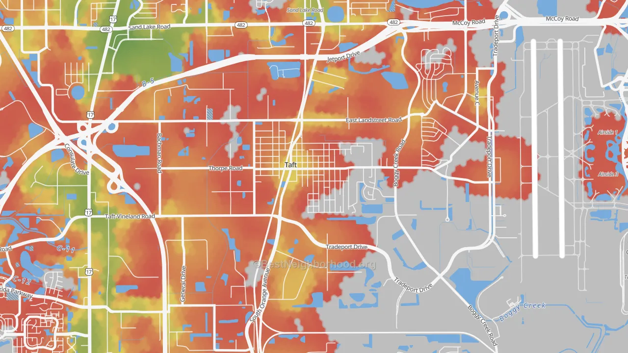 Walk Grade map of Taft, FL, walkable areas in green and car-dependent areas in red