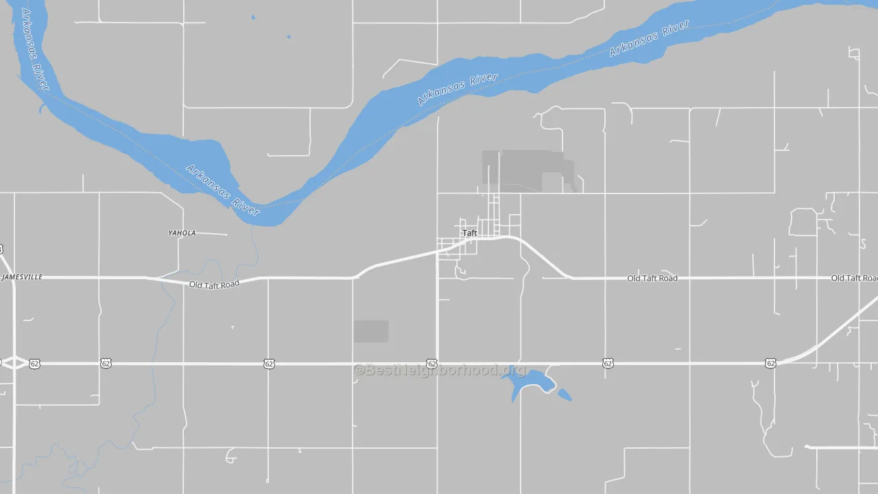 Walk Grade map of Taft, OK, walkable areas in green and car-dependent areas in red