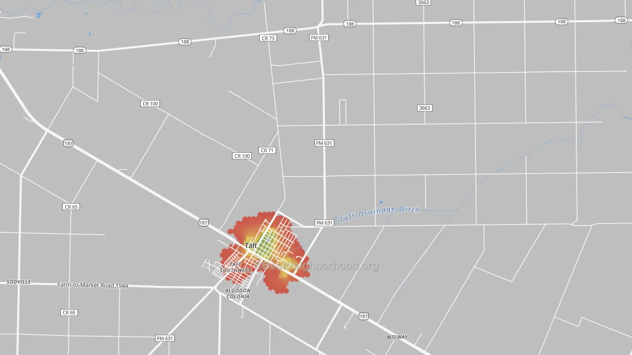 Walk Grade map of Taft Southwest, TX, walkable areas in green and car-dependent areas in red