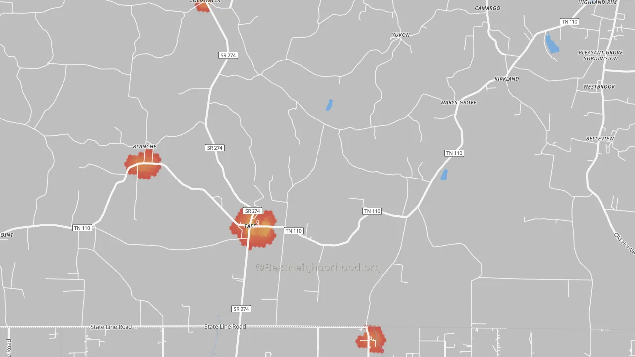 Walk Grade map of Taft, TN, walkable areas in green and car-dependent areas in red