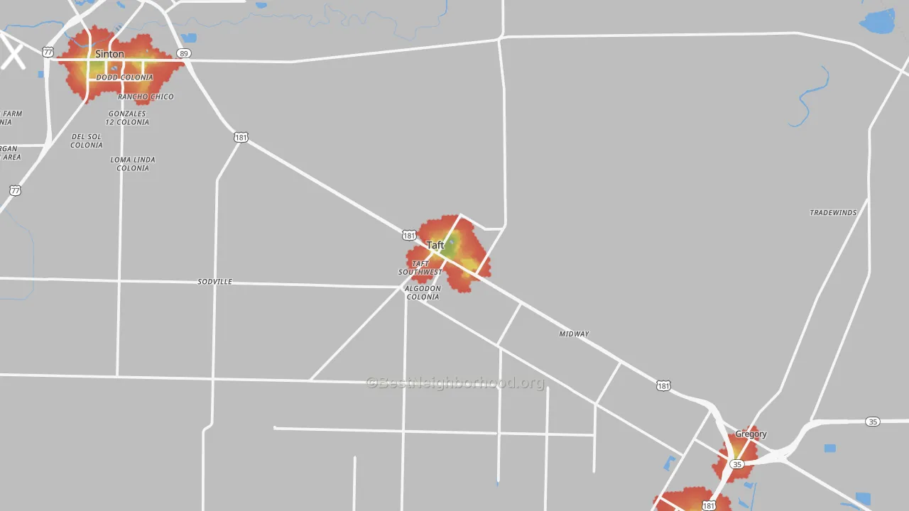 Walk Grade map of Taft, TX, walkable areas in green and car-dependent areas in red
